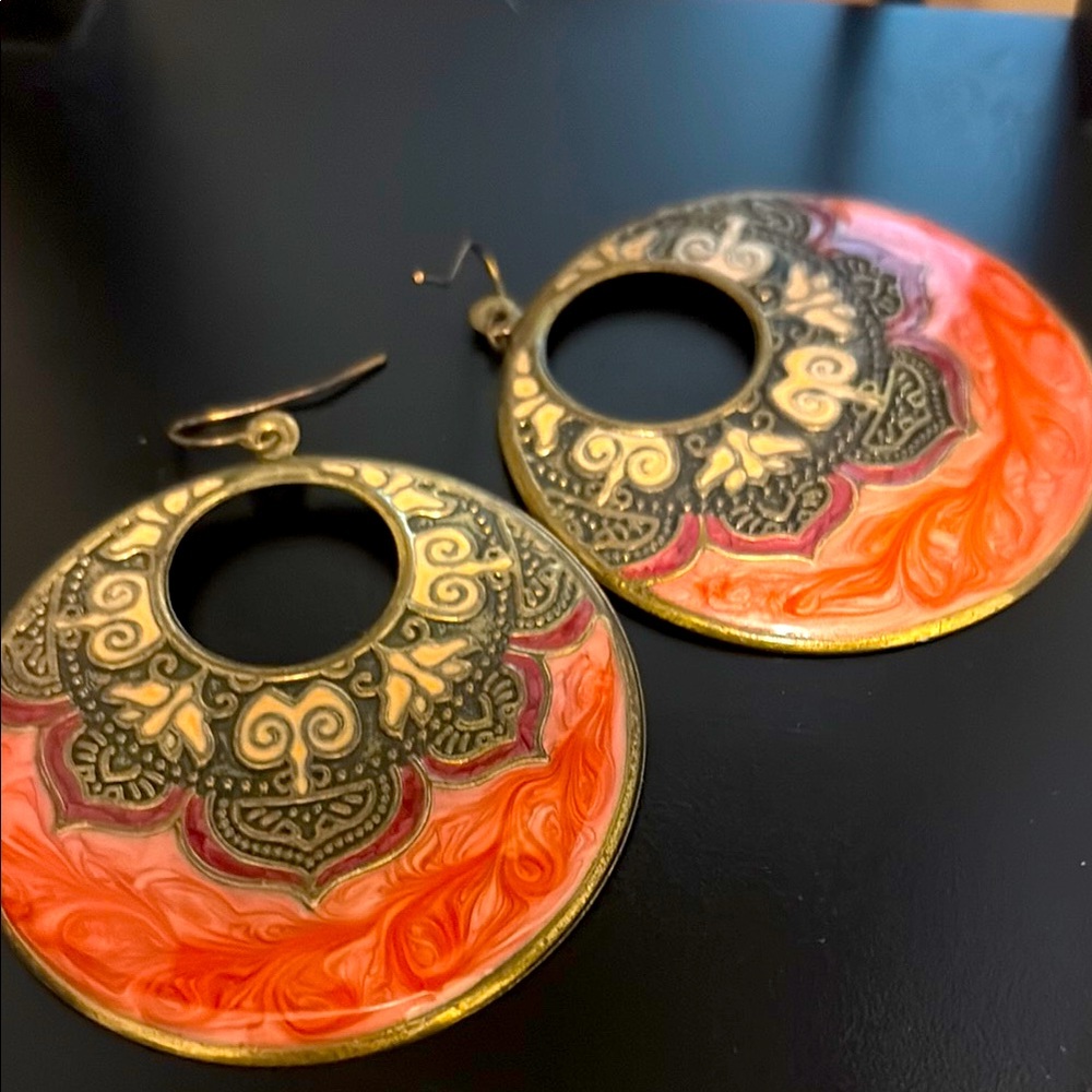 Bohemian bronze  and Orange enamel Hoop Earrings